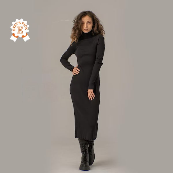 Fine-Knit Maxi Sweater Dress, Ribbed Pencil Dress, Long Black Turtleneck Bodycon Dress, Tight Fitted Dress, Elegant Evening 80s Style Dress