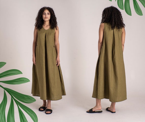 Olive Green Flowy Maxi Linen Dress, Wedding Guest Dress, Heavy Linen Pleated Dress, Designer-Made Summer Kaftan Dress, Long Voluminous Dress Olive Green Flowy Maxi Linen Dress, Wedding Guest Dress, Heavy Linen Pleated Dress, Designer-Made Summer Kaftan Dress, Long Voluminous Dress