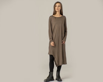 Robe tunique asymétrique, robe verte subtile, robe longue pour femmes, robe d’hiver ample, robe femme taille plus, robe à manches longues, décontractée urbaine