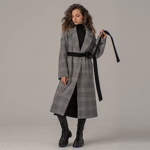 Tartan Wool Lapel Collar Coat, Belted Open Fornt Coat, Plaid Winter Coat, Baggy Minimalist Overcoat, Long Elegant Ladies Tartan Plaid Coat