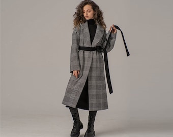 Tartan Wool Lapel Collar Coat, Belted Open Fornt Coat, Plaid Winter Coat, Baggy Minimalist Overcoat, Long Elegant Ladies Tartan Plaid Coat
