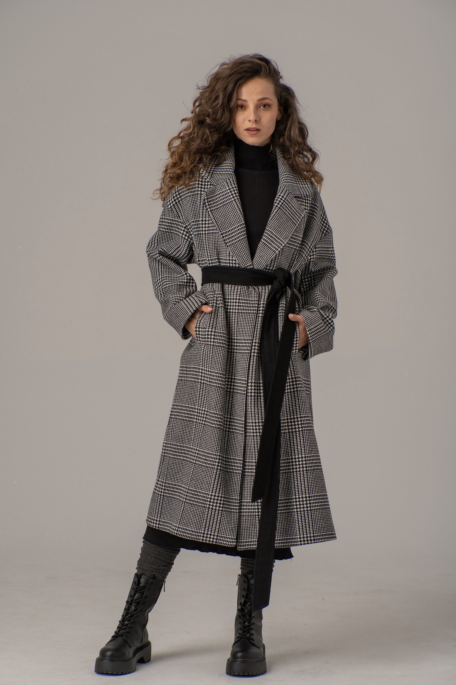 Gray Hunting Tartan Women's Lapel Shirt Dress With Long Sleeve