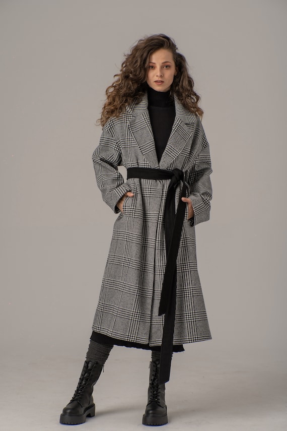 Buy Tartan Wool Lapel Collar Coat, Belted Open Fornt Coat