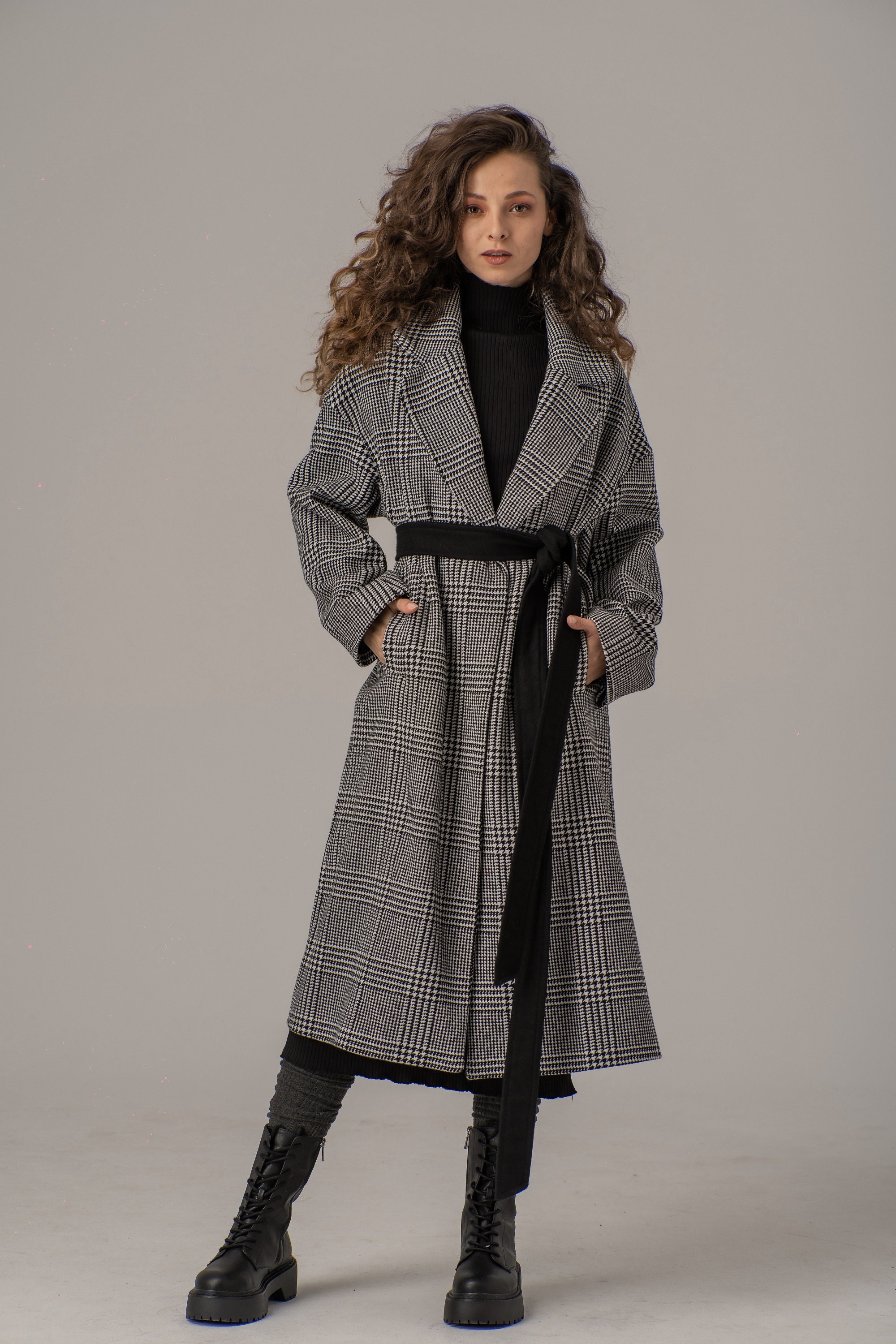 Clark Tartan Women's Lapel Shirt Dress With Long Sleeve