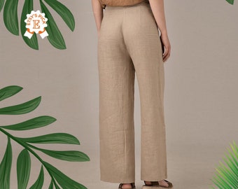 Beige Linen 70s Style Trousers, Straight Wide Leg Summer Maxi Pants, Palazzo Pants  for Ladies, Natural Linen High Waist Wedding Guest Pants