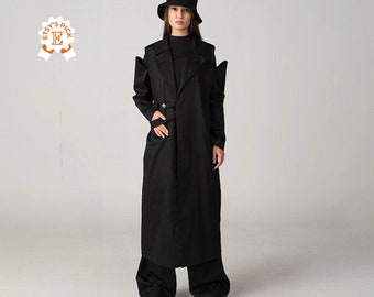 Avangarde Designer Cut Out Shoulders Trench, Unique New Year's Eve Ladies Coat, Japanese Kimono Coat, Black Luxury Coat, Streetwear Jacket