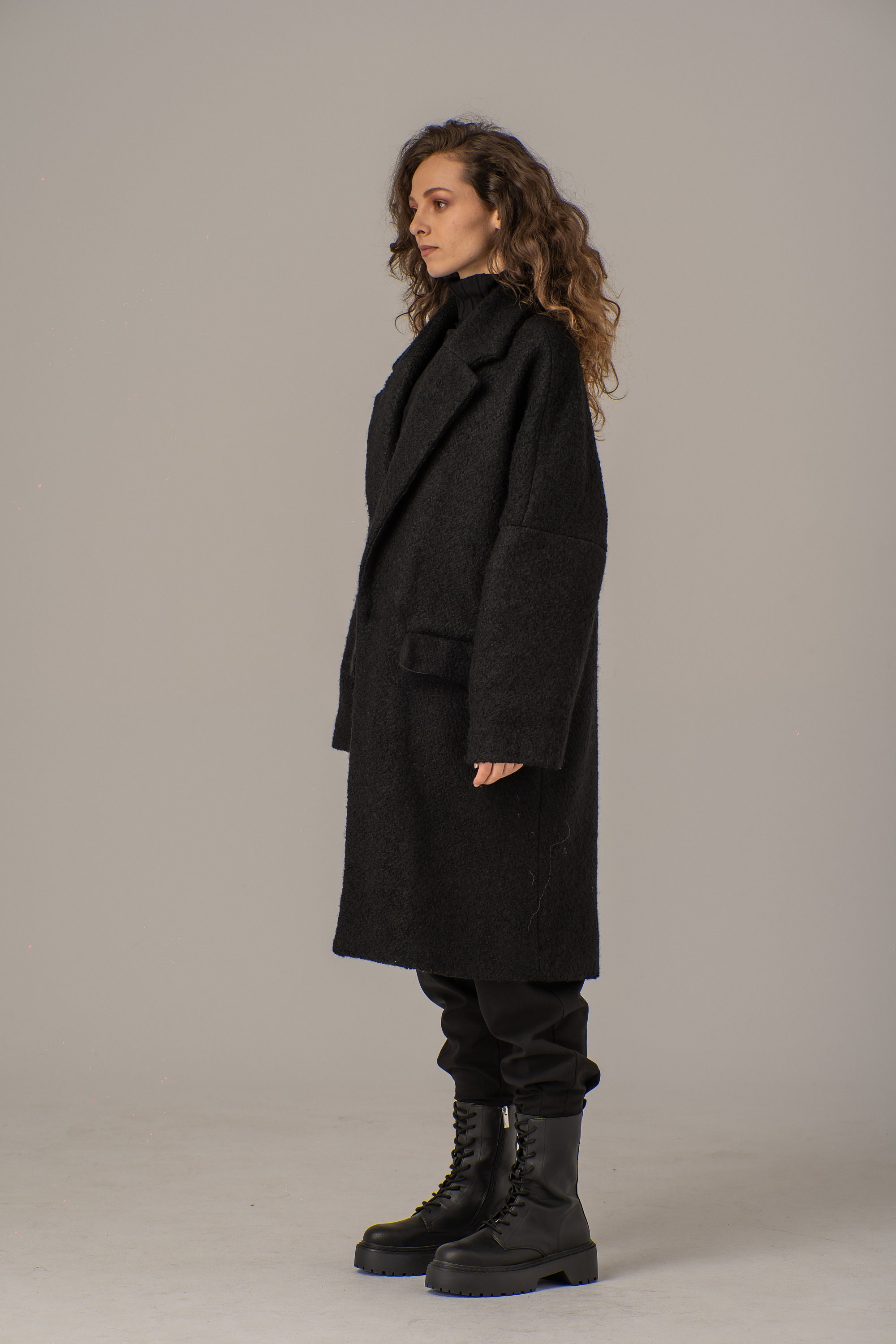 Wool Boucle Cocoon Coat Black Oversized Coat Black Bulky Wrap Coat Dropped Shoulder Overcoat Elegant Vintage Inspired Cozy Boucle Jacket Etsy UK