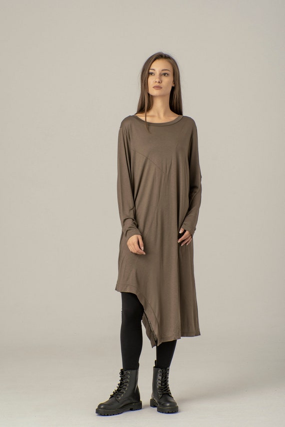 Asymmetric Tunic Dress, Subtle Green Dress, Long Women Dress, Loose Winter Dress, Women Dress Plus Size, Long Sleeve Dress, Casual Urban