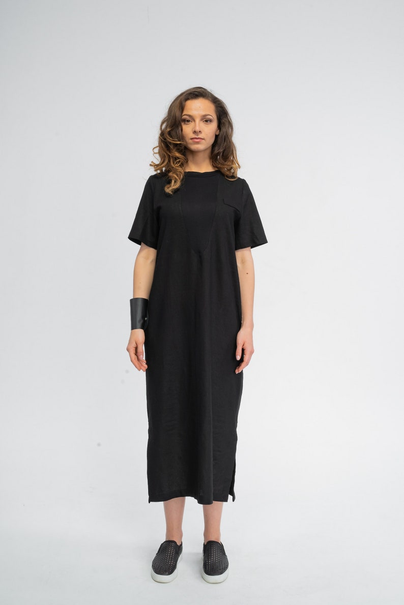 Robe dinvité de mariage, robe midi droite, robe longue noire, robe de fête en lin, robe chemise boho, robe taille plus, robe dété décontractée image 3