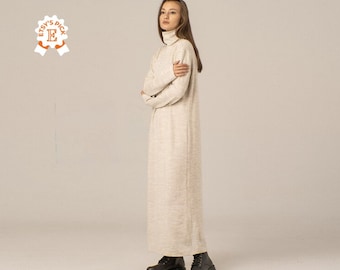 Vestido largo de lana para invierno, vestido largo tipo suéter, vestido minimalista de punto holgado, vestido largo hasta el suelo, vestido tipo suéter con cuello alzado, vestido holgado informal.