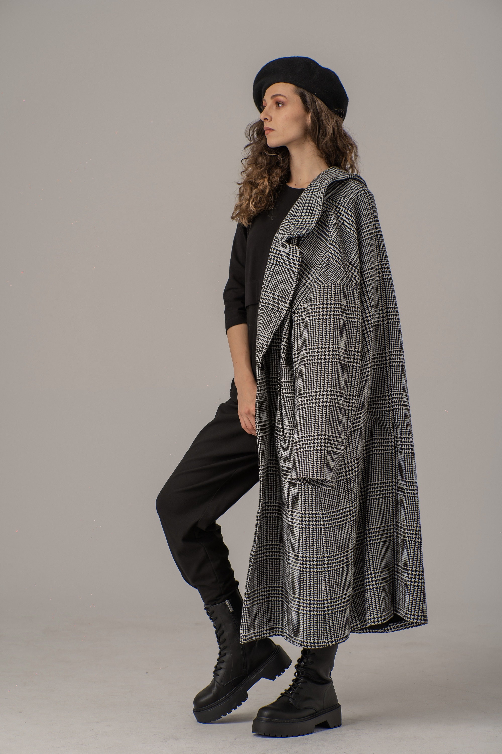 Norvel Tartan Women's Lapel Shirt Dress With Long Sleeve