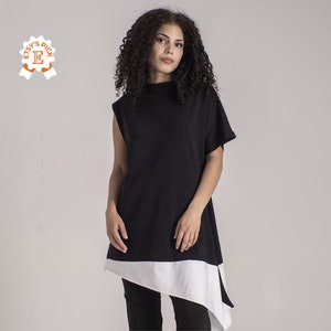 Black & White Asymmetric Tunic Top, One Sleeve Top, Trapeze Silhouette Tunic, Loose Fitting Top, Avantgarde Clothing,Maxi Tunic Dress Summer image 1