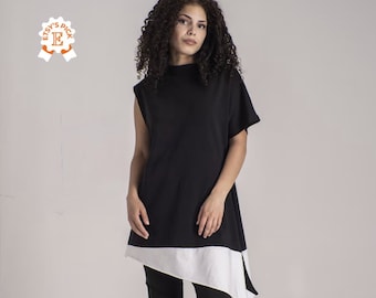 Black & White Asymmetric Tunic Top, One Sleeve Top, Trapeze Silhouette Tunic, Loose Fitting Top, Avantgarde Clothing,Maxi Tunic Dress Summer