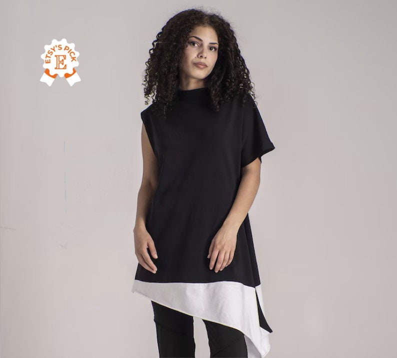 Black & White Asymmetric Tunic Top, One Sleeve Top, Trapeze Silhouette Tunic, Loose Fitting Top, Avantgarde Clothing,Maxi Tunic Dress Summer image 1