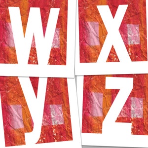 Puede incluir: Cuatro letras blancas, W, X, Y y Z, están recortadas de papel rojo y naranja con un patrón de cuadros rosa y blanco. Las letras están dispuestas en una cuadrícula.