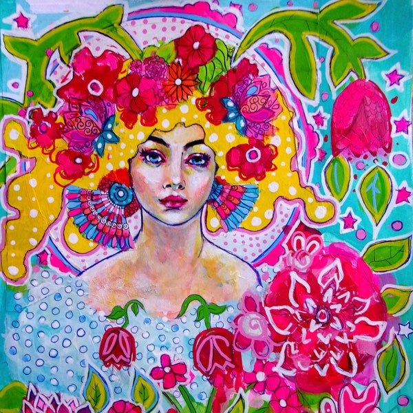 Portrait bohemienne,Peinture originale sur papier,fleurs feuillage colorés couleurs vives,peinture acrylique,illustration A3,tableau coloré