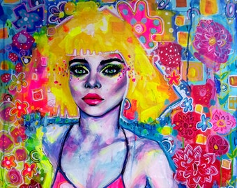 Blondie-original acrylic painting on canvas, 60x80cm, wall art colorful painting portrait woman psychedelic pop art decoration original