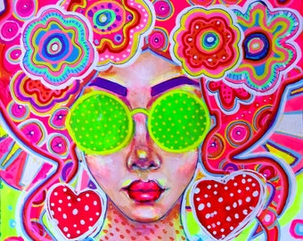 Pop Girl-Peinture acrylique Originale sur papier A3-Portrait femme pop art,fluo,psychedelic art,couleurs vives,seventies,multicolore