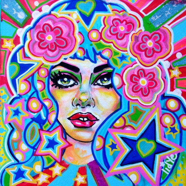 PoPgirl- peinture acrylique originale sur toile 3D, 29x29cm, tableau coloré portrait femme pop multicolore psychédélique