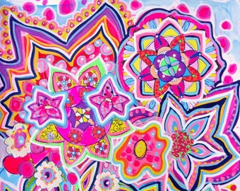 Siebziger-Blumen, Originalgemälde auf Papier, Acryl, Mischtechnik, Wanddekorationsillustration, Farben, Pop-Art, Siebziger