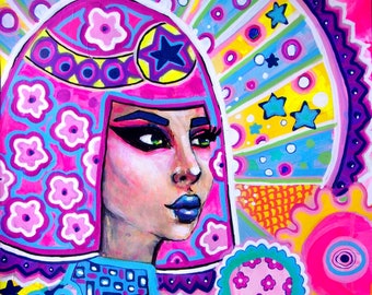 Cleopatre-Peinture acrylique Originale sur papier A3-Portrait femme pop art,fluo,psychedelic art,couleurs vives,seventies,multicolore