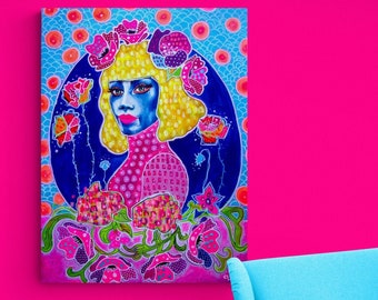 Gaga-Original-Acrylgemälde auf Leinwand, 60 x 80 cm, Wandkunst, farbenfrohes Gemälde, Porträt einer Frau, psychedelische Pop-Art-Dekoration, Original