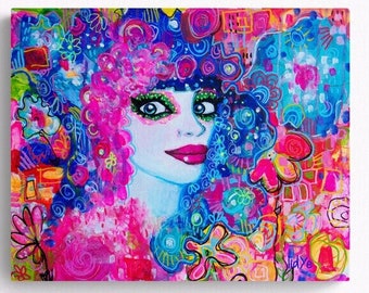 Nina-original acrylic painting on canvas, 46x38cm, wall art colorful painting portrait woman psychedelic pop art original decoration