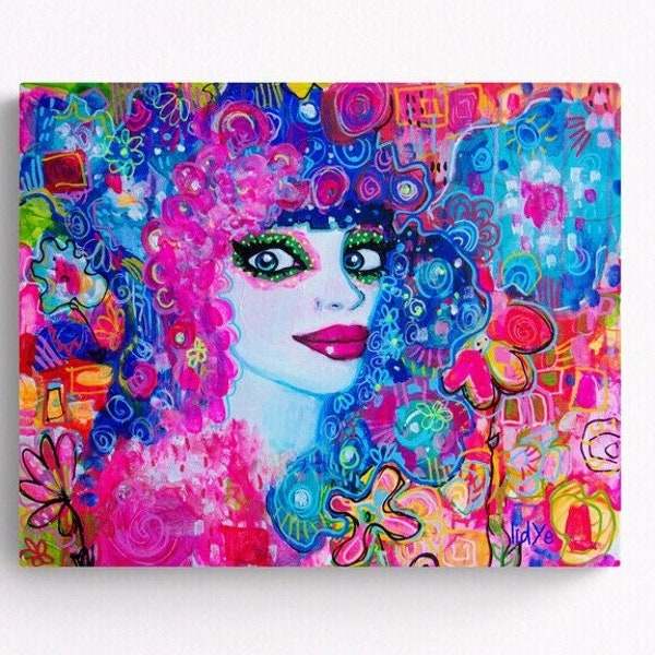 Nina-peinture acrylique originale sur toile, 46x38cm, art mural tableau coloré portrait femme psychédélique pop art decoration originale