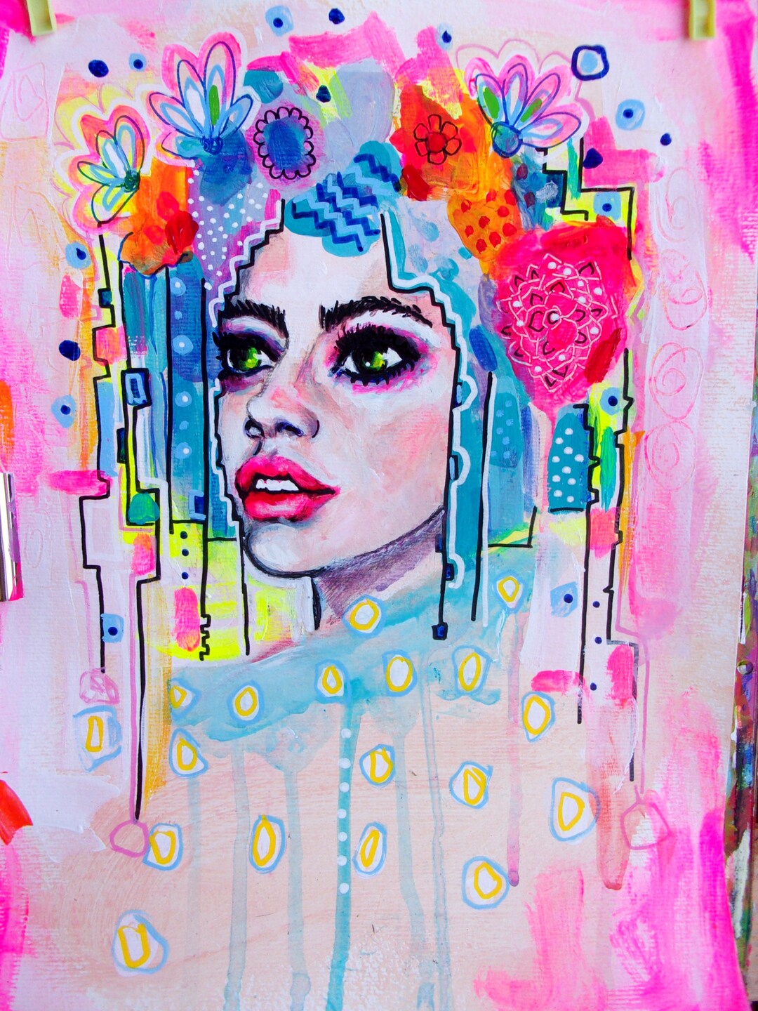Pink Portrait Woman Portrait Original Painting, Pink and Blue Patterns,painting Paper ...
