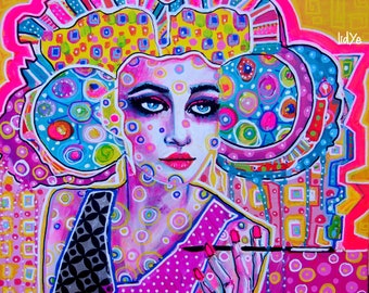 Twenties - original acrylic painting on canvas, 46x38cm, wall art colorful painting portrait woman psychedelic pop art decoration original