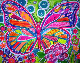 Butterfly - original acrylic painting on canvas, 40x50cm, wall art painting colorful psychedelic butterfly pop art decoration original