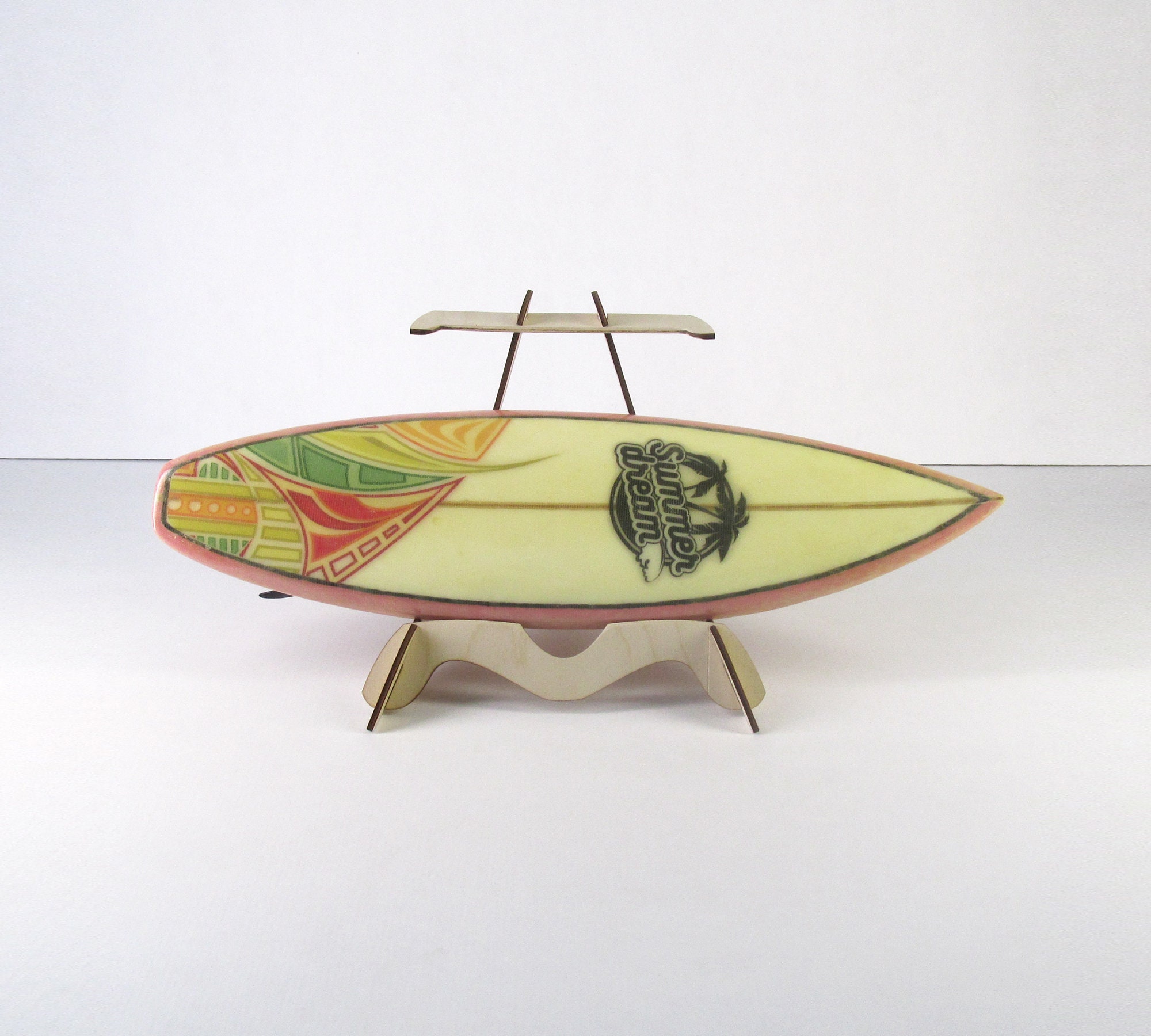 Handmade decorative surfboard on stand. Artificially aged. Etsy