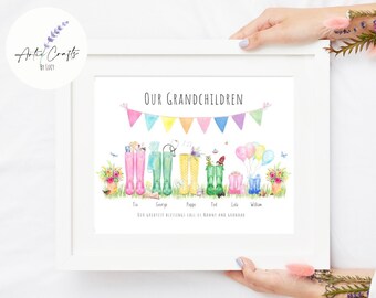 Personalised Grandchildren Welly Boot Print - Mothers Day Gift Print - Wellington Boot Grandchildren Personalised Gift - Custom Gift