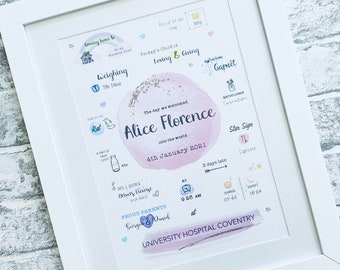 May include: A watercolor-style birth announcement for Alice Florence, born on January 4th, 2021. The announcement includes details like her weight, birth time, star sign, and the price of a first-class stamp on the day she was born.