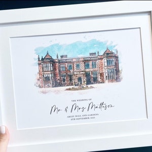 Personalised Watercolour Wedding Venue Portrait - Wedding Gift - Anniversary Gift - Happy couple - Mr Mrs - Digital Art - Venue Watercolor