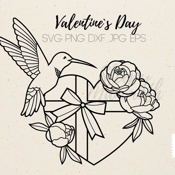 Valentines Day Chocolate Box SVG - Heart SVG, Hummingbird Svg, Kolibri Svg, Love Png, Floral Heart Svg, Open Heart Svg, Valentine Clipart