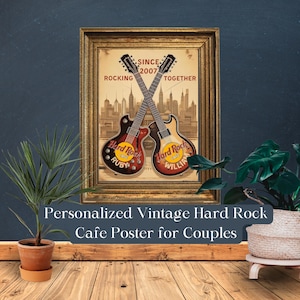 Póster vintage personalizado de Hard Rock Cafe para parejas: regalo de aniversario personalizado con nombres y fecha, impresión artística de música rock romántica.
