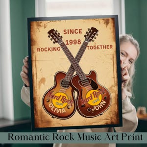 Aangepaste hardrockcafé-gitaarposter voor koppels - gepersonaliseerd jubileumcadeau met namen en datum, vintage rockmuziekkunstafdruk