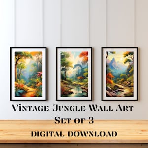 Vintage Jungle Wall Art Set of 3 - Digital Download - Bohemian Style Tropical Forest Print - Wall Decor for Living Room
