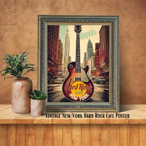 Plakat Vintage New York Hard Rock Cafe | Sztuka ścienna z gitarą retro | Klasyczny wystrój NYC | Pobieranie cyfrowe JPG i PDF | Prezent dla miłośnika muzyki i miasta
