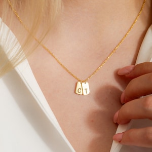 14K Solid Gold Engraved Letter Pendant Necklace | Custom Initial Bar Necklace | Christmas Gift, Personalized Gold Bar Tag Necklace