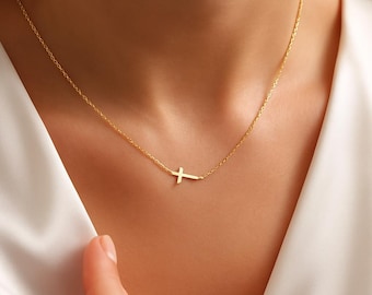 14k Gold Sideways Cross Necklace, Dainty Gold Cross Necklace, Tiny Cross Necklace Gift for Her, Confirmation Gift, Baptism Gift