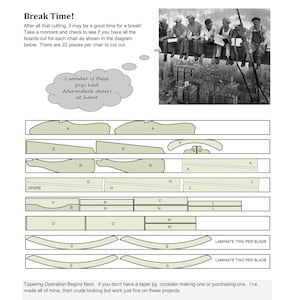 May include: A black and white diagram showing the pieces needed to build a rocking chair. The diagram includes 22 pieces, labeled with letters, and instructions to laminate two pieces per blade. The text "Break Time!" is at the top of the diagram.
