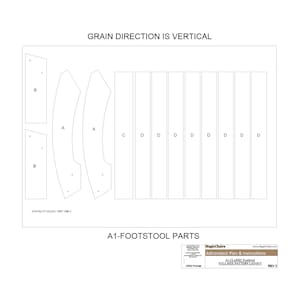 Peut inclure: Diagramme montrant les pièces nécessaires à la construction d'un repose-pieds. Le diagramme comprend une liste de pièces étiquetées A, B, C et D. Le texte "GRAIN DIRECTION IS VERTICAL" est en haut du diagramme. Le texte "A1-FOOTSTOOL PARTS" est en bas du diagramme.