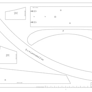 May include: A black and white line drawing of a woodworking pattern for a curved piece of furniture. The pattern includes the text "REAR", "S x 4 Laminated 2 ea", "Q x 2", "Ex 2", and "F".