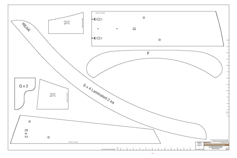 May include: A black and white line drawing of a woodworking pattern for a curved piece of furniture. The pattern includes the text "REAR", "S x 4 Laminated 2 ea", "Q x 2", "Ex 2", and "F".