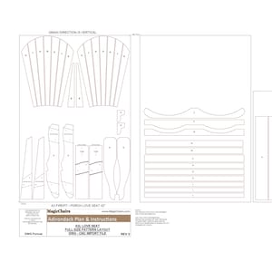 May include: Adirondack chair plan and instructions for a 42-inch love seat. The full-size pattern layout is a digital download file for CNC import. The drawing shows the grain direction is vertical. The drawing is labelled "A3 Firepit/Porch Love Seat 42" and "MagicChairs.com".