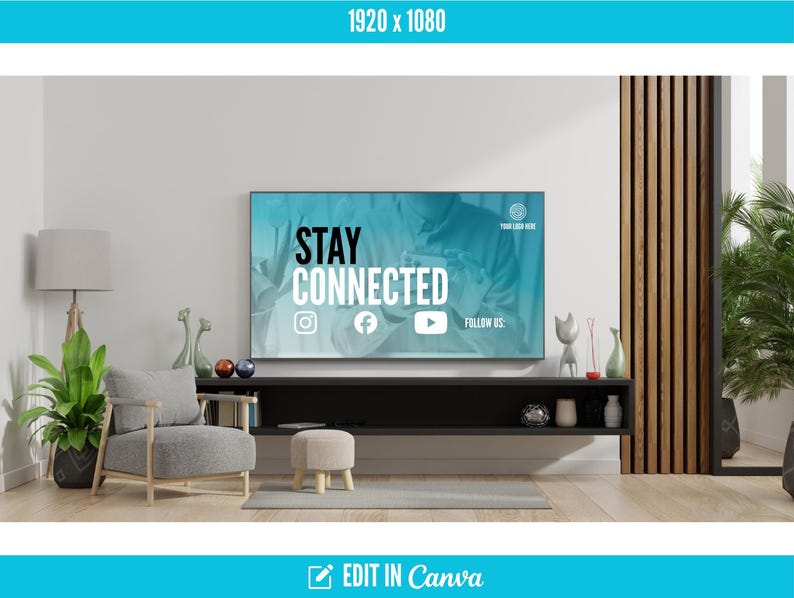 May include: A modern living room with a large flat-screen TV displaying the text "STAY CONNECTED" with social media icons. The room features a gray armchair, a small stool, and decorative items on a black shelf. A floor lamp and potted plants add to the decor.