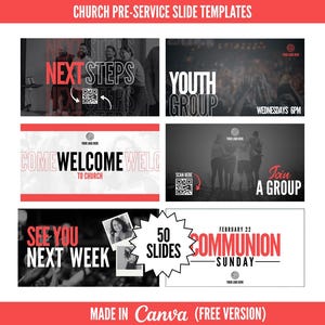Puede incluir: Un conjunto de plantillas de diapositivas para el servicio previo a la iglesia en rojo y blanco. Las diapositivas incluyen texto como "Pr&oacute;ximos pasos", "Grupo juvenil", "Bienvenida" y "Domingo de comuni&oacute;n". Dise&ntilde;ado en Canva.