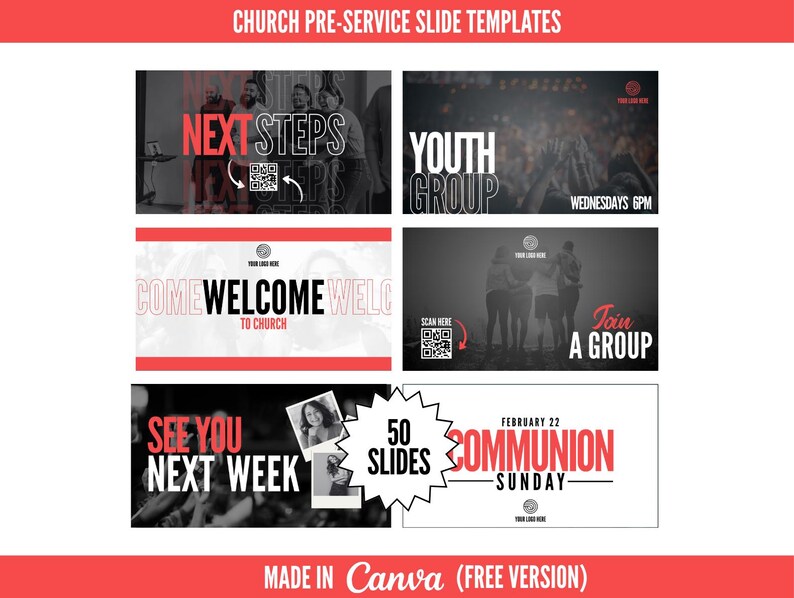 Puede incluir: Un conjunto de plantillas de diapositivas para el servicio previo a la iglesia en rojo y blanco. Las diapositivas incluyen texto como "Pr&oacute;ximos pasos", "Grupo juvenil", "Bienvenida" y "Domingo de comuni&oacute;n". Dise&ntilde;ado en Canva.